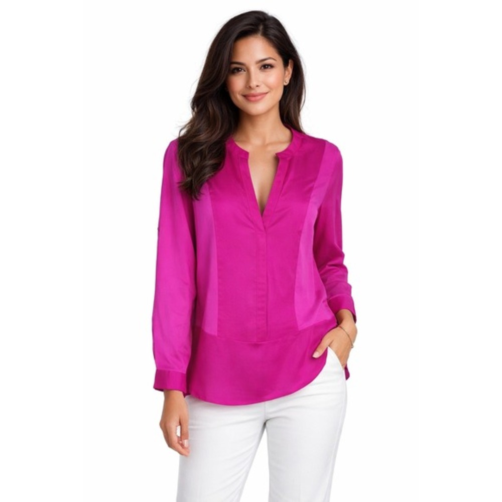 Calvin Klein Pink Colorblock Roll Tab Sleeve V-Neck Blouse S Resortwear 51-17